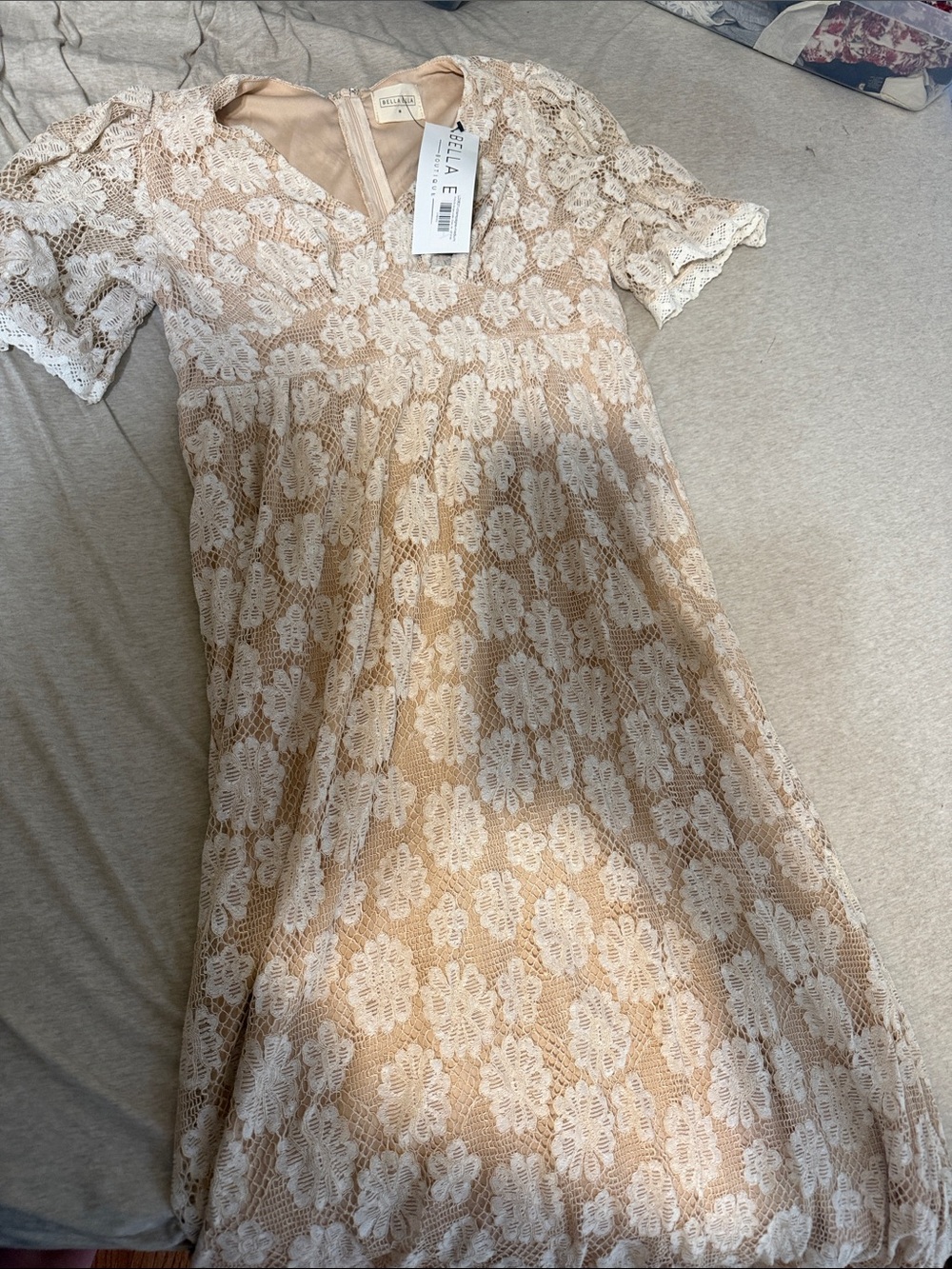Bella Ella Beige Lace Midi Dress with White Floral Overlay